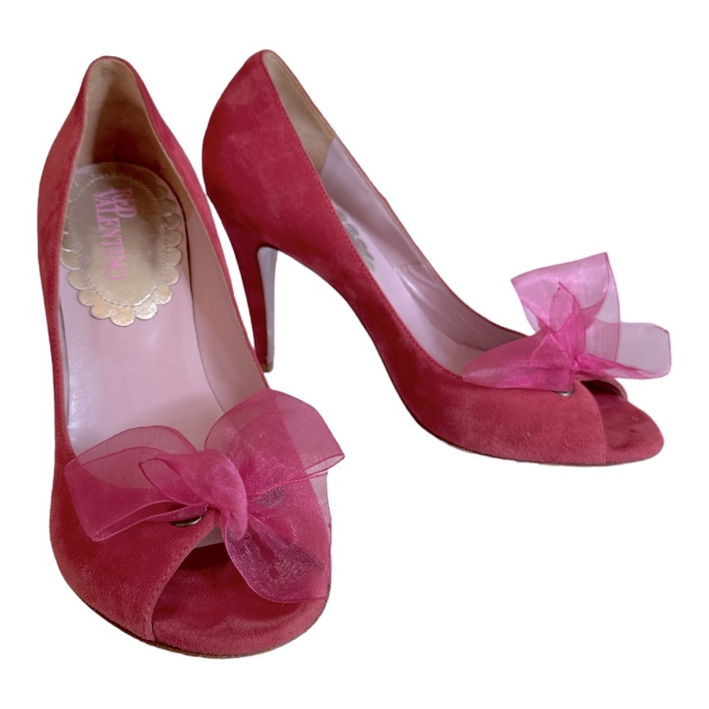 {RED} VALENTINO Pink Suede Open Toe Heels Pumps with Sheer Bow - Picture 10 of 10